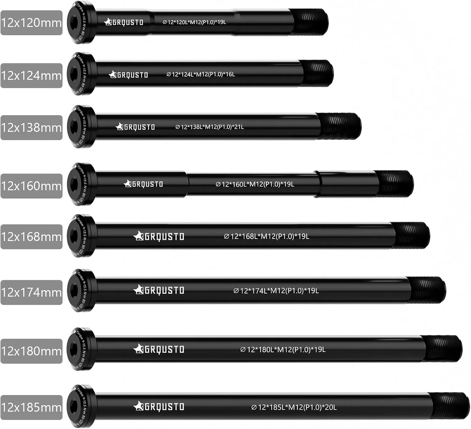 1.0mm Thread Pitch Front Rear Thru Axles for Road Mountain Bicyle Suspension Forks Rigid Forks and Bike Rear Frame, 6061 Aluminium Alloy Boost Through Axle: 12mm x 120mm to 185mm Includes 8 Lengths