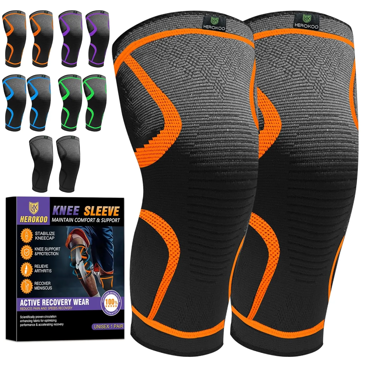 2 Pack Knee Braces for Running Knee Pain, Compression Knee Brace for Women & Men, Knee Sleeve, Sports Knee Braces for Meniscus Tear, ACL & Arthritis Pain Relief (Orange, XXX-Large)