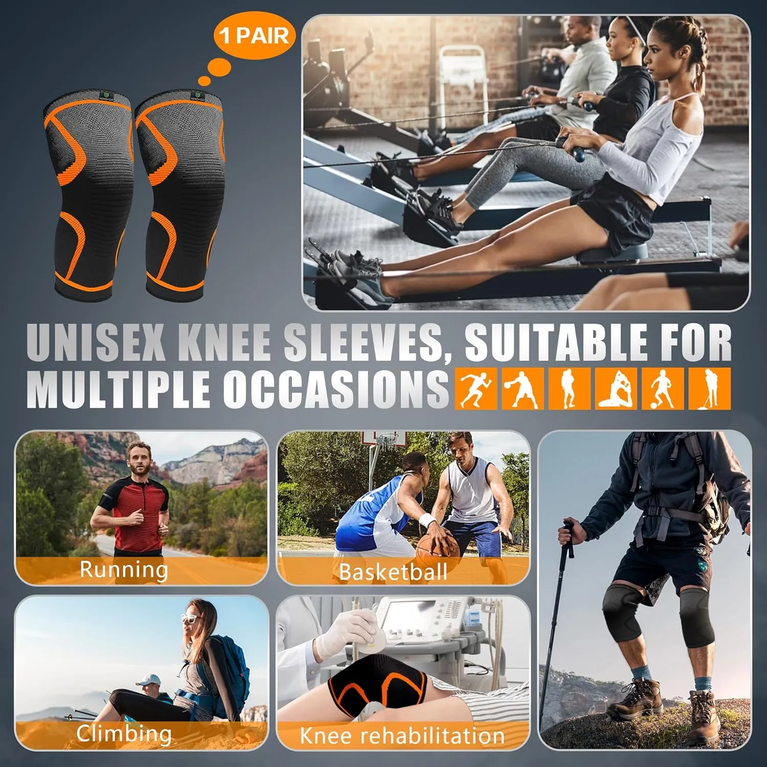 2 Pack Knee Braces for Running Knee Pain, Compression Knee Brace for Women & Men, Knee Sleeve, Sports Knee Braces for Meniscus Tear, ACL & Arthritis Pain Relief (Orange, XXX-Large)