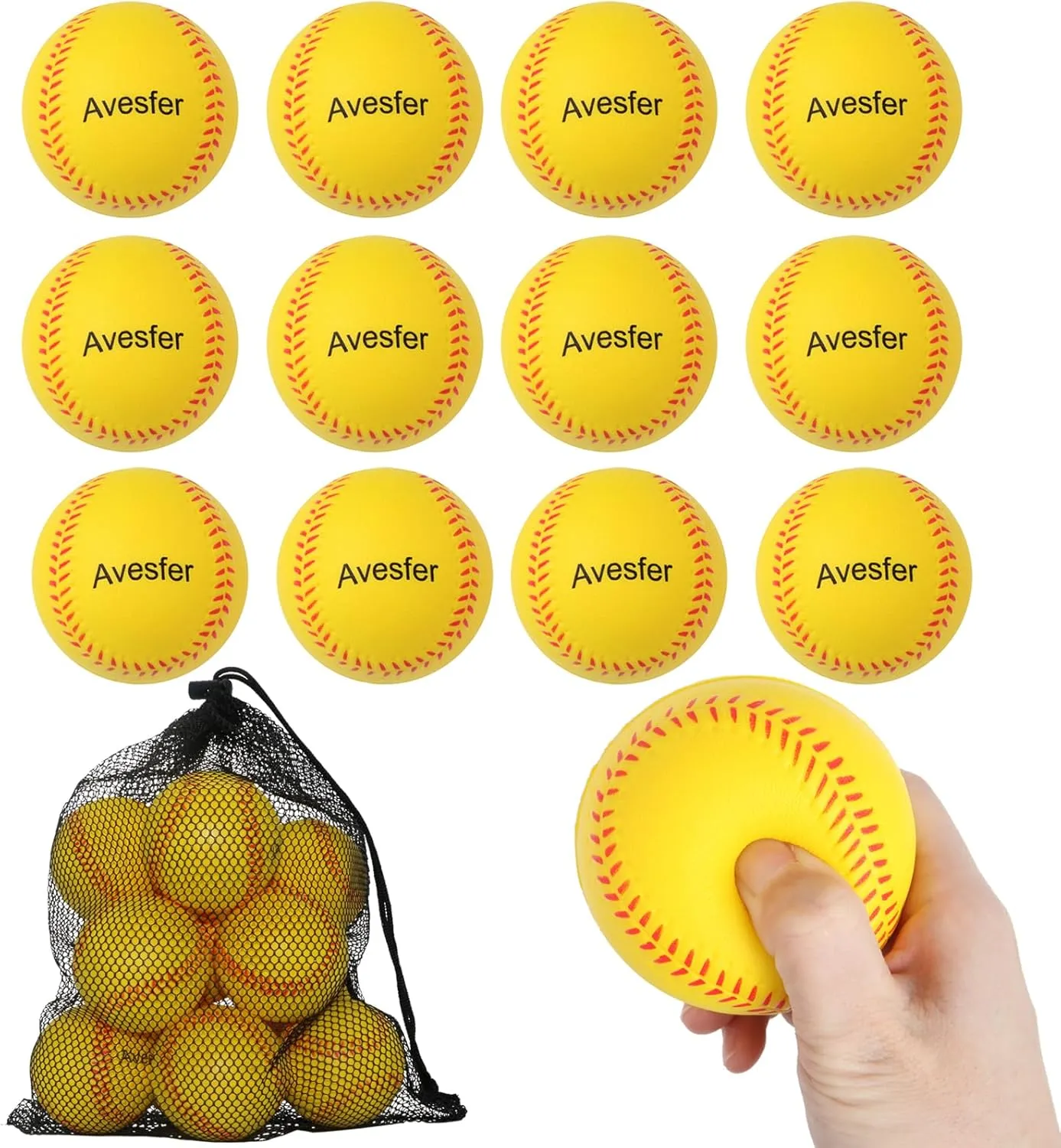 Avesfer Foam Baseballs 12 Pack Soft Baseballs with Mesh Bag for Kids Youth Teenager Players Safely Training Hitting Indoor Outdoor Squishy Base Balls Yellow