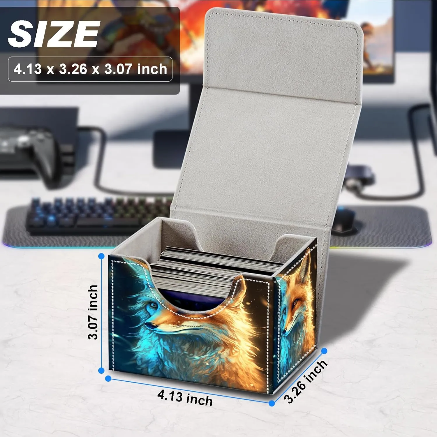 Card Deck Box for MTG Cards,100  Single Sleeved Cards Trading Card Deck Case,Strong Magnet Magic Gathering Deck Box,PU Leather Trading Card Storage Box for TCG,CCG,MTG Cards,Purple Yellow Fox