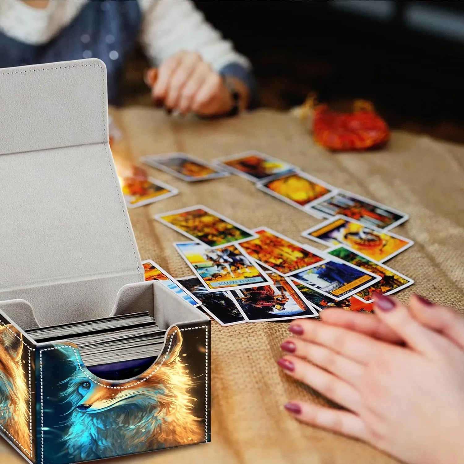 Card Deck Box for MTG Cards,100  Single Sleeved Cards Trading Card Deck Case,Strong Magnet Magic Gathering Deck Box,PU Leather Trading Card Storage Box for TCG,CCG,MTG Cards,Purple Yellow Fox