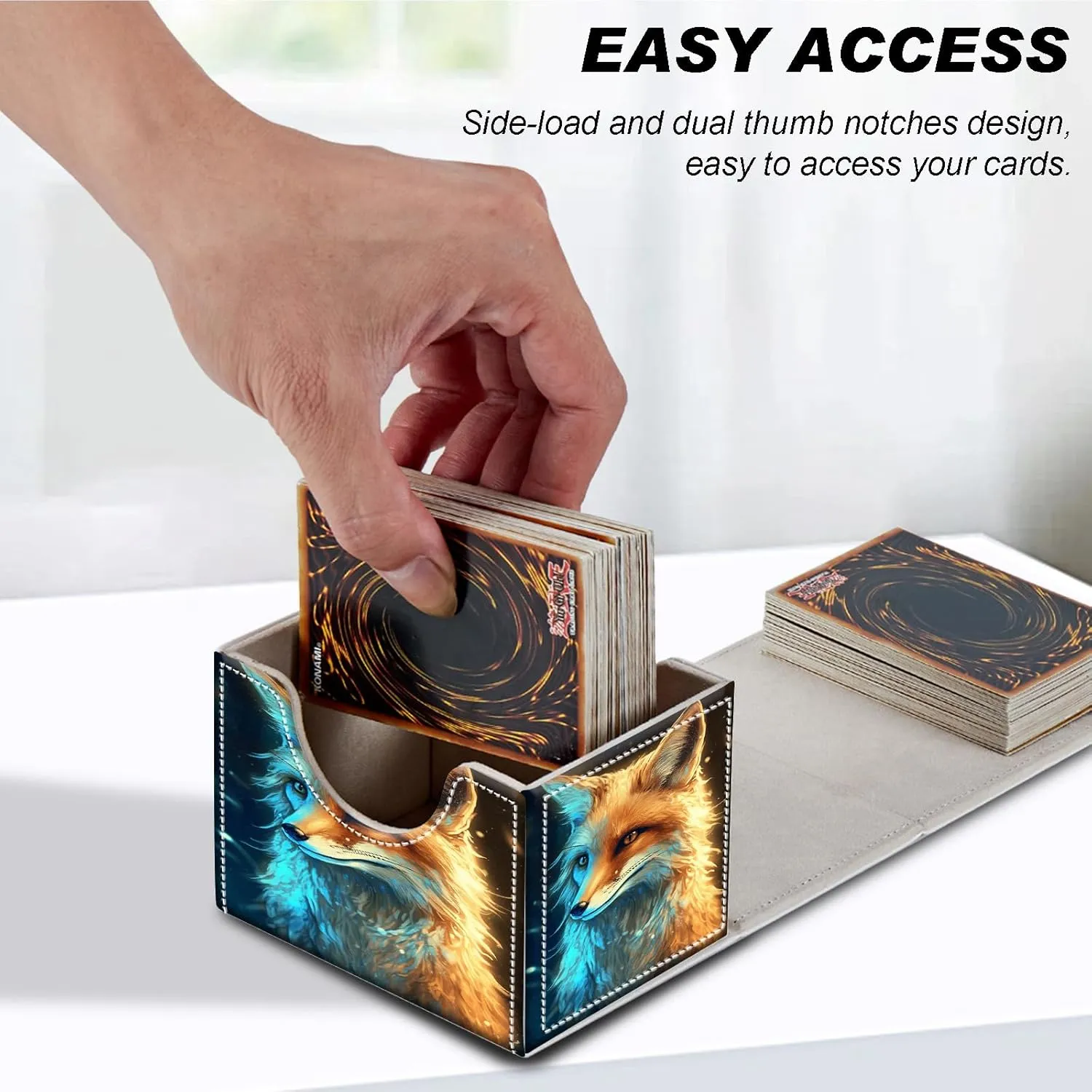Card Deck Box for MTG Cards,100  Single Sleeved Cards Trading Card Deck Case,Strong Magnet Magic Gathering Deck Box,PU Leather Trading Card Storage Box for TCG,CCG,MTG Cards,Purple Yellow Fox