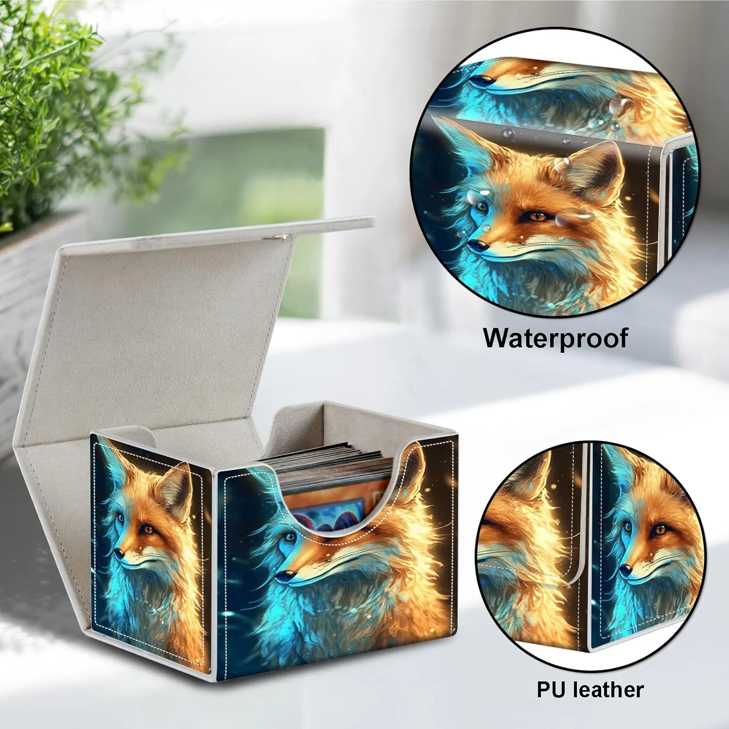 Card Deck Box for MTG Cards,100  Single Sleeved Cards Trading Card Deck Case,Strong Magnet Magic Gathering Deck Box,PU Leather Trading Card Storage Box for TCG,CCG,MTG Cards,Purple Yellow Fox