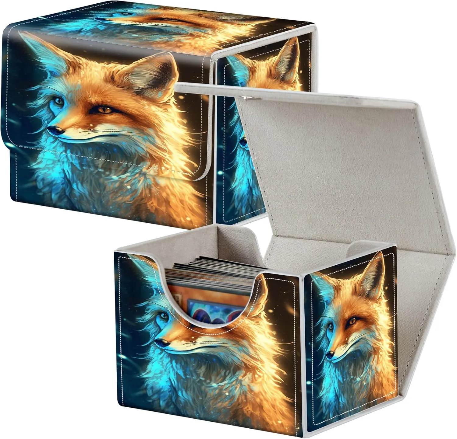 Card Deck Box for MTG Cards,100  Single Sleeved Cards Trading Card Deck Case,Strong Magnet Magic Gathering Deck Box,PU Leather Trading Card Storage Box for TCG,CCG,MTG Cards,Purple Yellow Fox