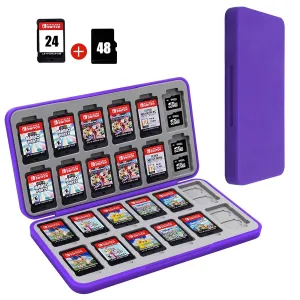FYY Nintendo Switch Game Case Holder - Purple Nintendo Switch Cartridge Case with 24 Game Card Slots & 48 Micro SD Card Slots, Hard Shell, Silicone Lining