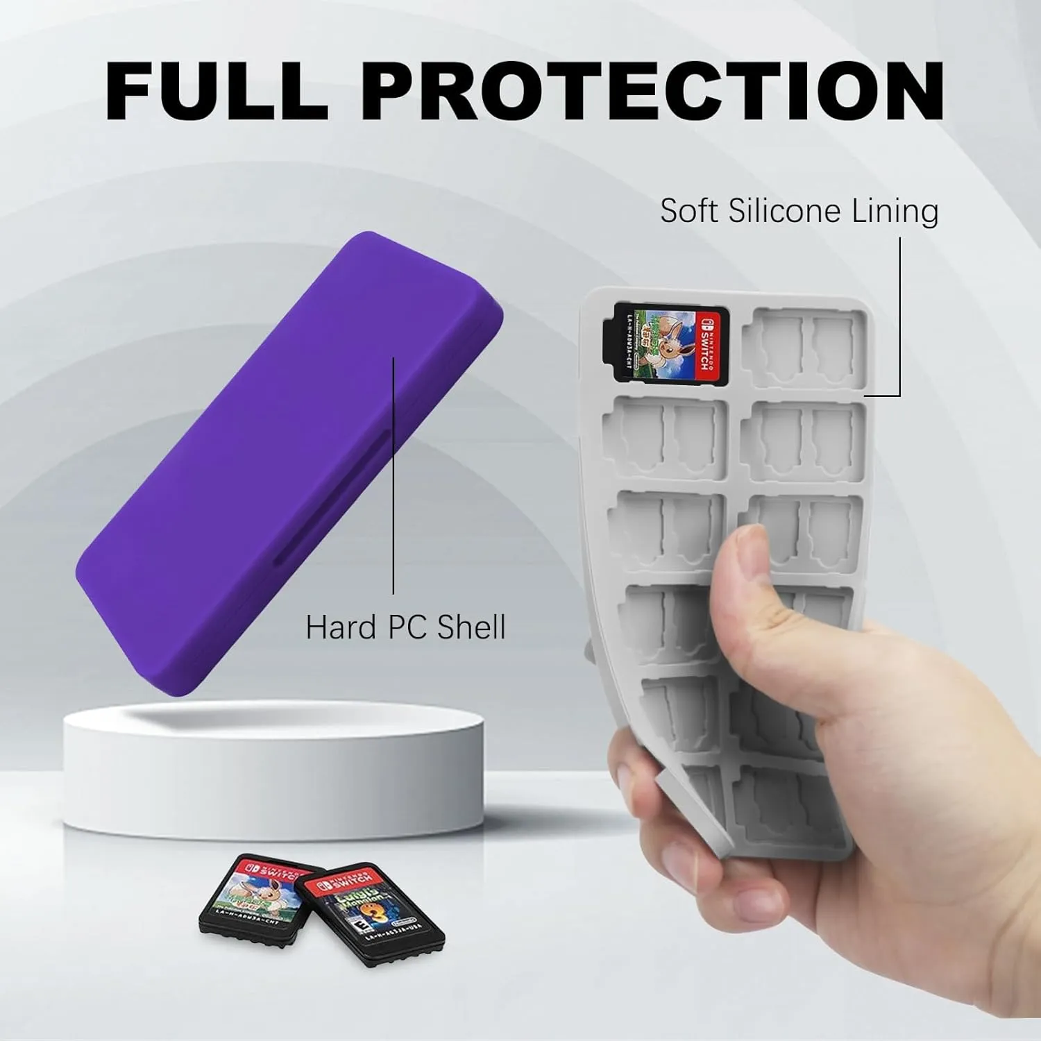 FYY Nintendo Switch Game Case Holder - Purple Nintendo Switch Cartridge Case with 24 Game Card Slots & 48 Micro SD Card Slots, Hard Shell, Silicone Lining