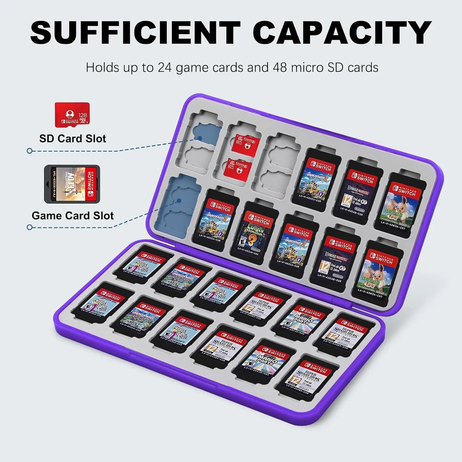 FYY Nintendo Switch Game Case Holder - Purple Nintendo Switch Cartridge Case with 24 Game Card Slots & 48 Micro SD Card Slots, Hard Shell, Silicone Lining