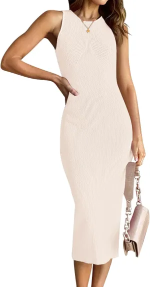HAEOF Women's 2025 Summer Bodycon Midi Dress Casual Sleeveless Ribbed Sweater Back Slit Fashion Date Party Work Long Dresses