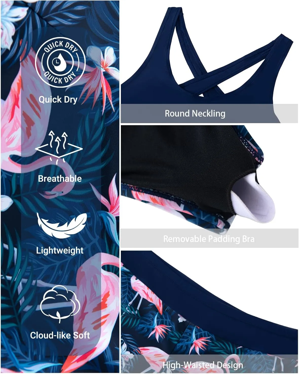 Holipick 3 Piece Tankini Swimsuits for Women Tummy Control Bathing Suits Swim Tank Top with Bra Boy Shorts Teen Swimwear