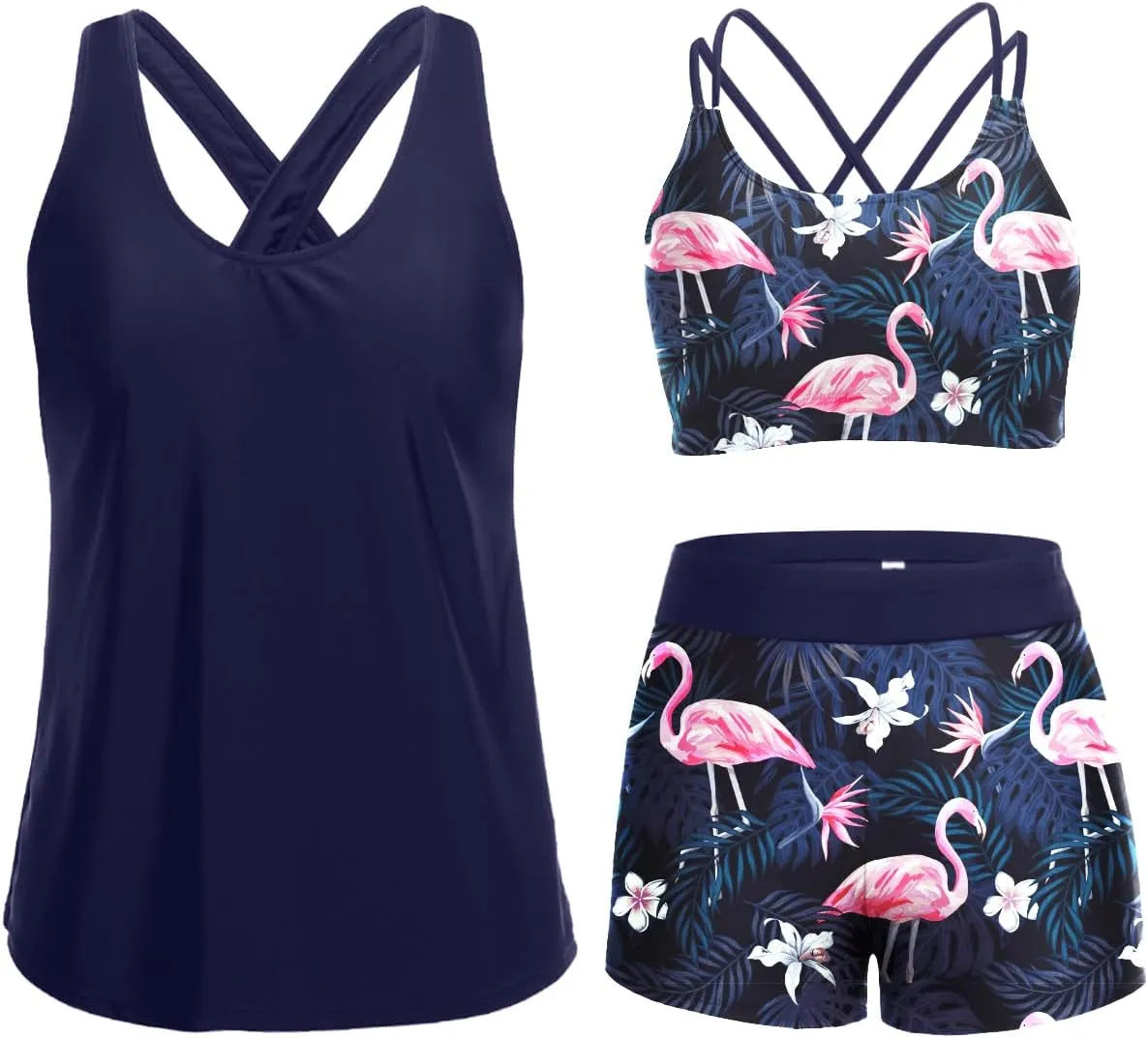 Holipick 3 Piece Tankini Swimsuits for Women Tummy Control Bathing Suits Swim Tank Top with Bra Boy Shorts Teen Swimwear