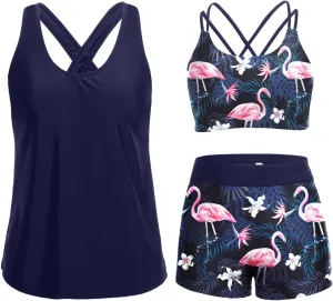 Holipick 3 Piece Tankini Swimsuits for Women Tummy Control Bathing Suits Swim Tank Top with Bra Boy Shorts Teen Swimwear