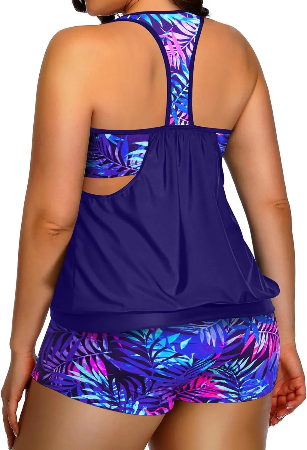 Holipick Plus Size Tankini Swimsuit for Women Two Piece Tummy Control Bathing Suit Blouson Racerback Tankini Top with Shorts