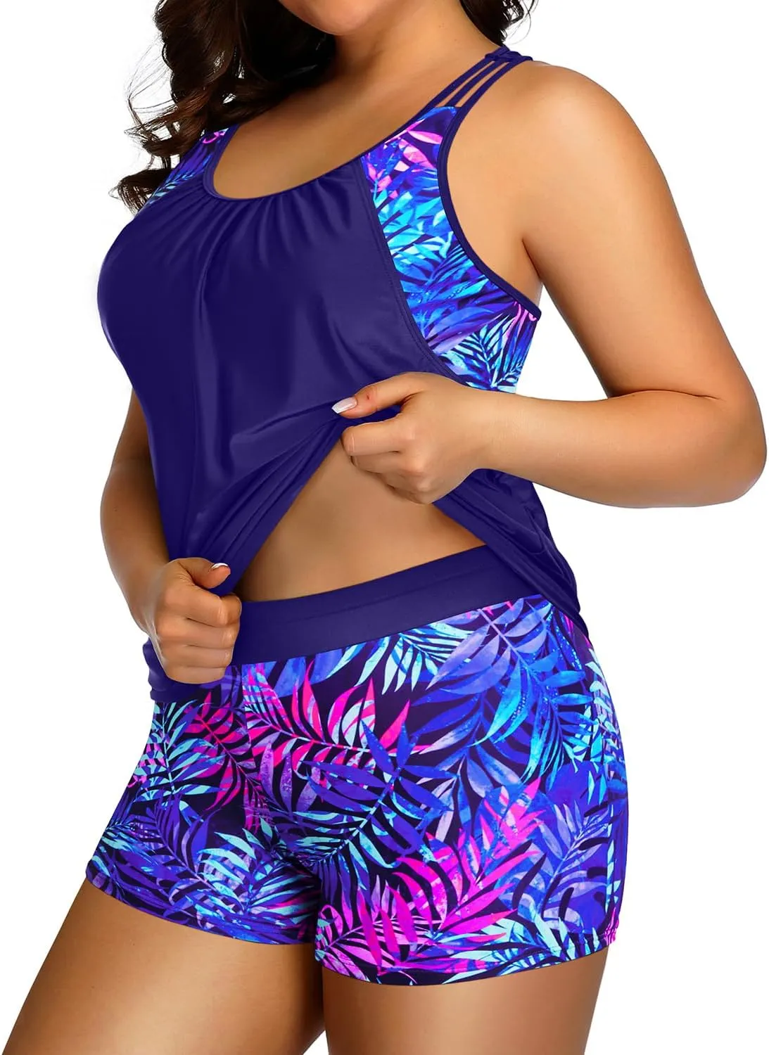 Holipick Plus Size Tankini Swimsuit for Women Two Piece Tummy Control Bathing Suit Blouson Racerback Tankini Top with Shorts