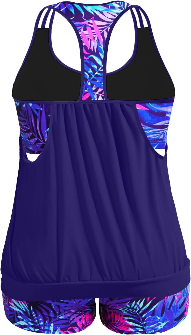 Holipick Plus Size Tankini Swimsuit for Women Two Piece Tummy Control Bathing Suit Blouson Racerback Tankini Top with Shorts