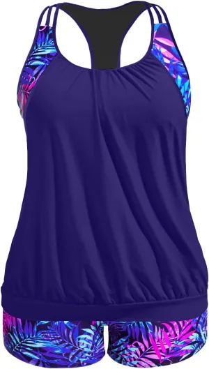 Holipick Plus Size Tankini Swimsuit for Women Two Piece Tummy Control Bathing Suit Blouson Racerback Tankini Top with Shorts