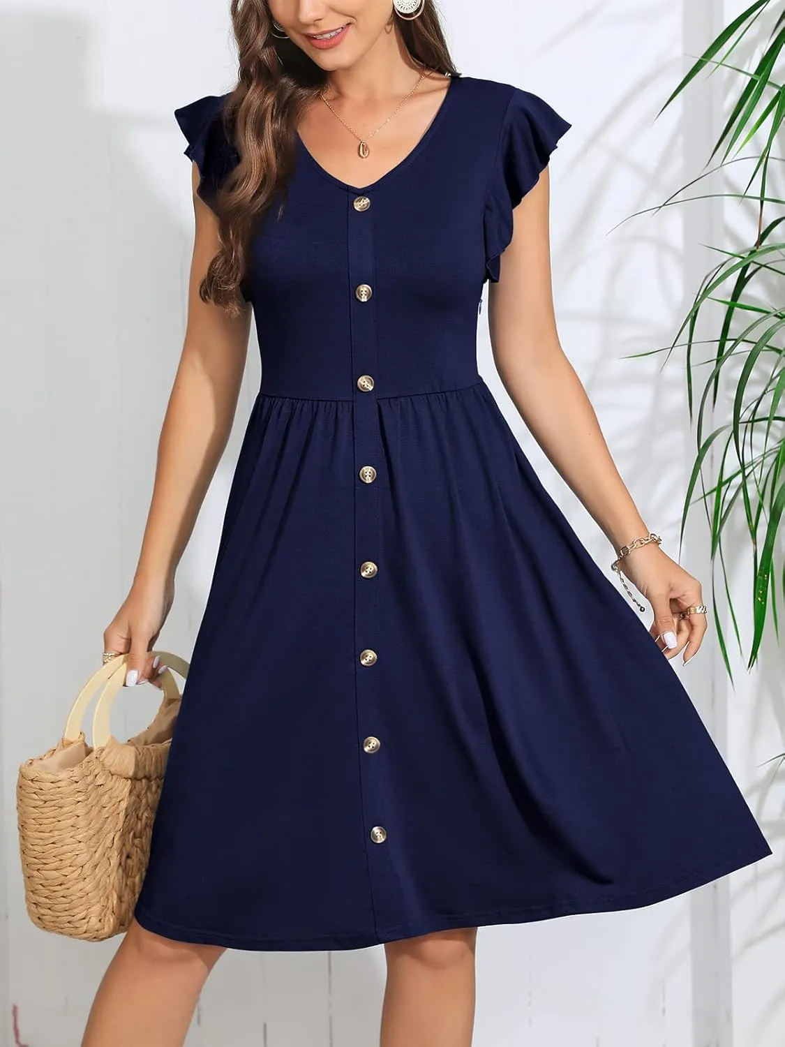 Lamilus Women's Casual Summer Dresses 2025 Ruffle Sleeves V-Neck Button Down Midi Swing Party Dress