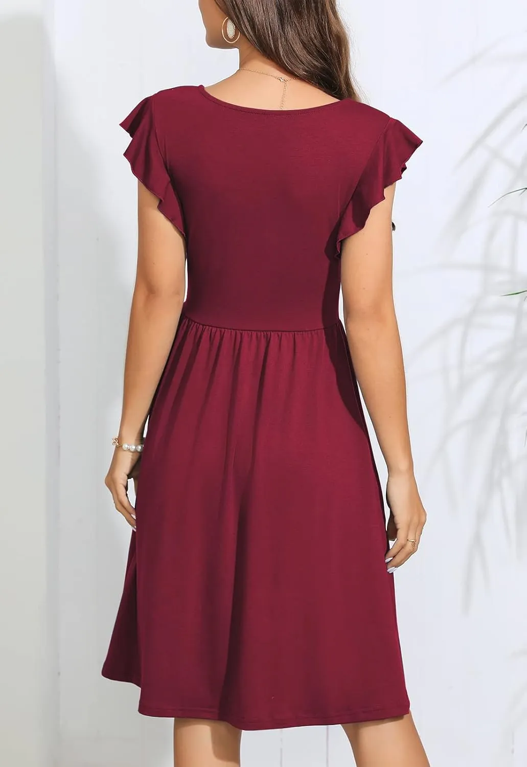 Lamilus Women's Casual Summer Dresses 2025 Ruffle Sleeves V-Neck Button Down Midi Swing Party Dress