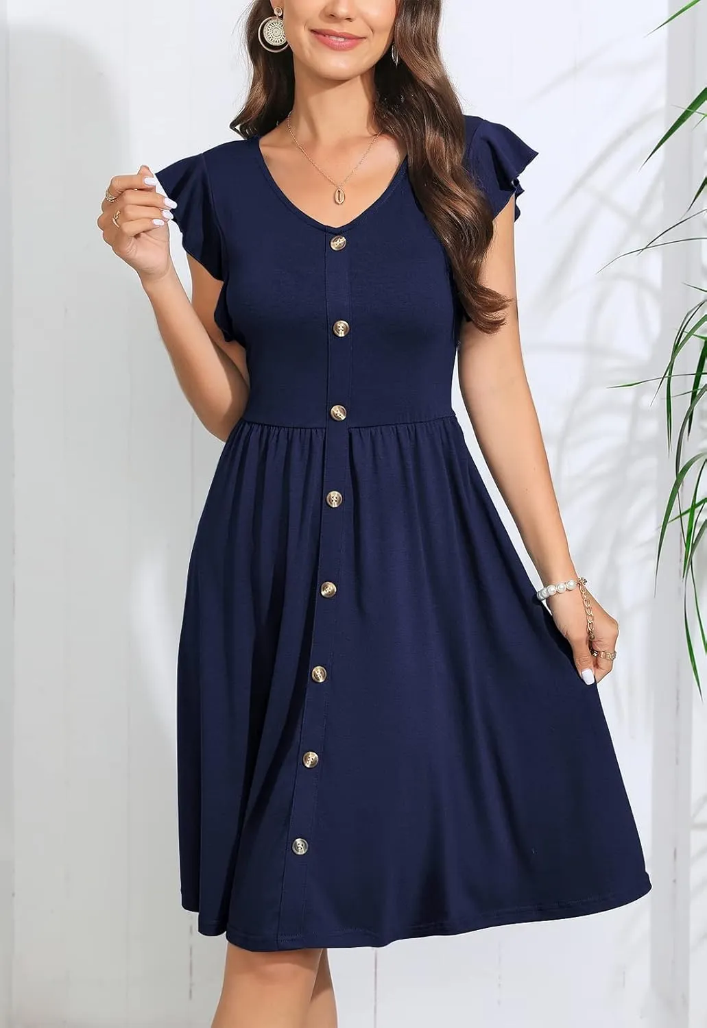 Lamilus Women's Casual Summer Dresses 2025 Ruffle Sleeves V-Neck Button Down Midi Swing Party Dress