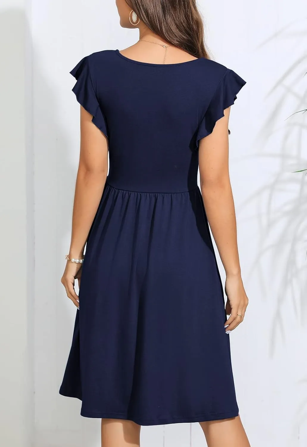 Lamilus Women's Casual Summer Dresses 2025 Ruffle Sleeves V-Neck Button Down Midi Swing Party Dress
