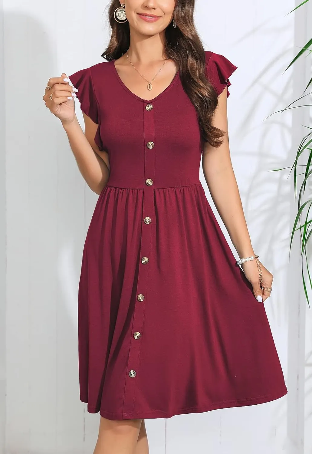 Lamilus Women's Casual Summer Dresses 2025 Ruffle Sleeves V-Neck Button Down Midi Swing Party Dress
