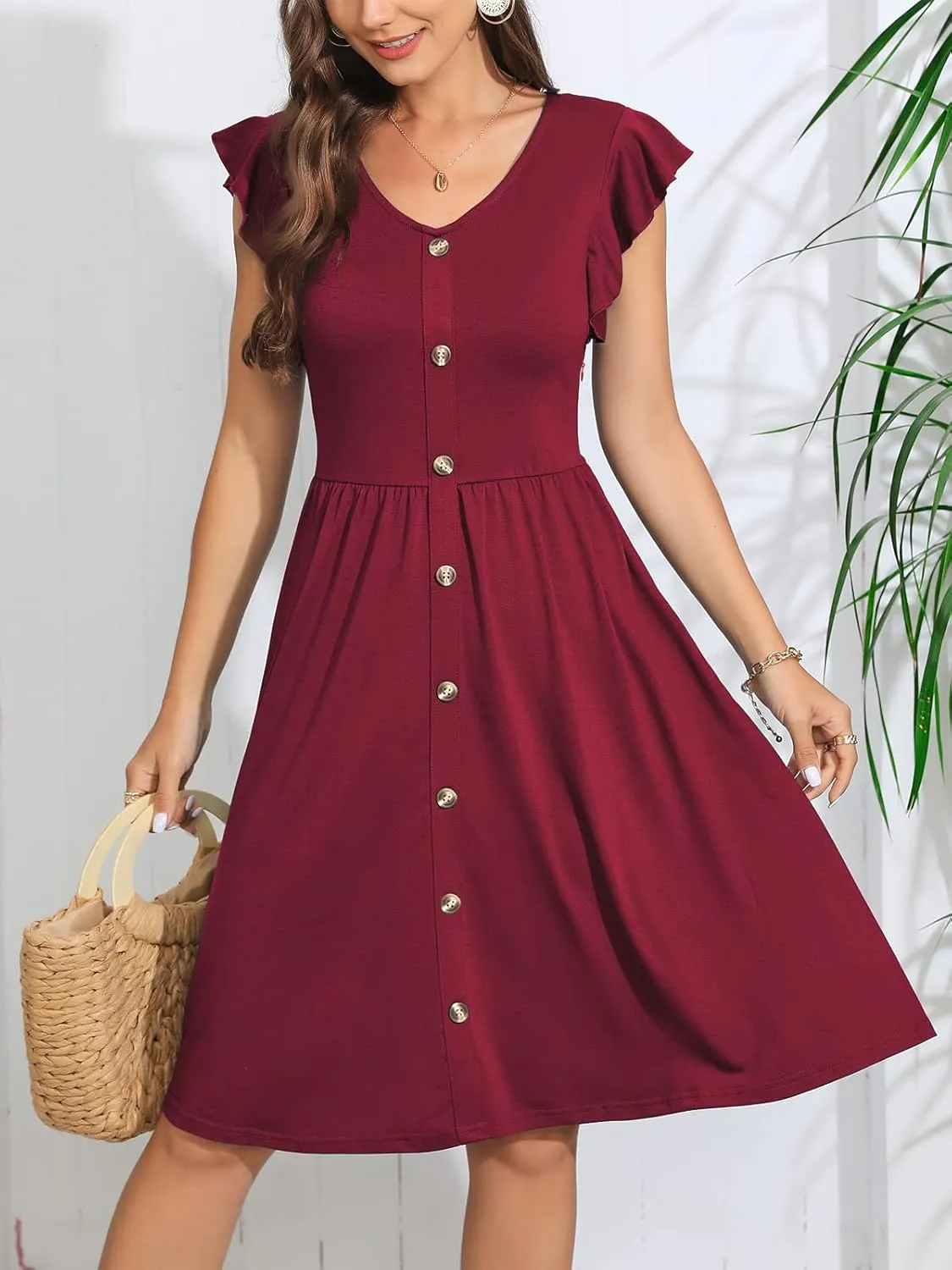 Lamilus Women's Casual Summer Dresses 2025 Ruffle Sleeves V-Neck Button Down Midi Swing Party Dress