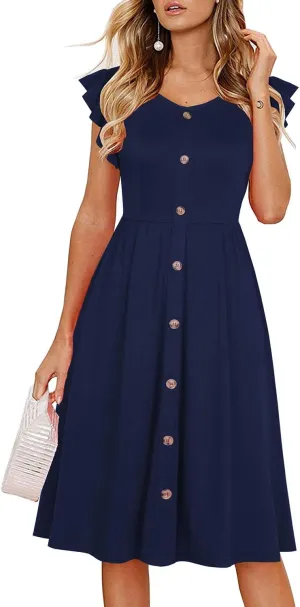 Lamilus Women's Casual Summer Dresses 2025 Ruffle Sleeves V-Neck Button Down Midi Swing Party Dress