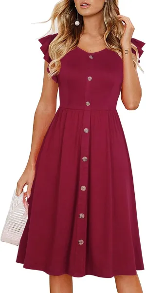 Lamilus Women's Casual Summer Dresses 2025 Ruffle Sleeves V-Neck Button Down Midi Swing Party Dress