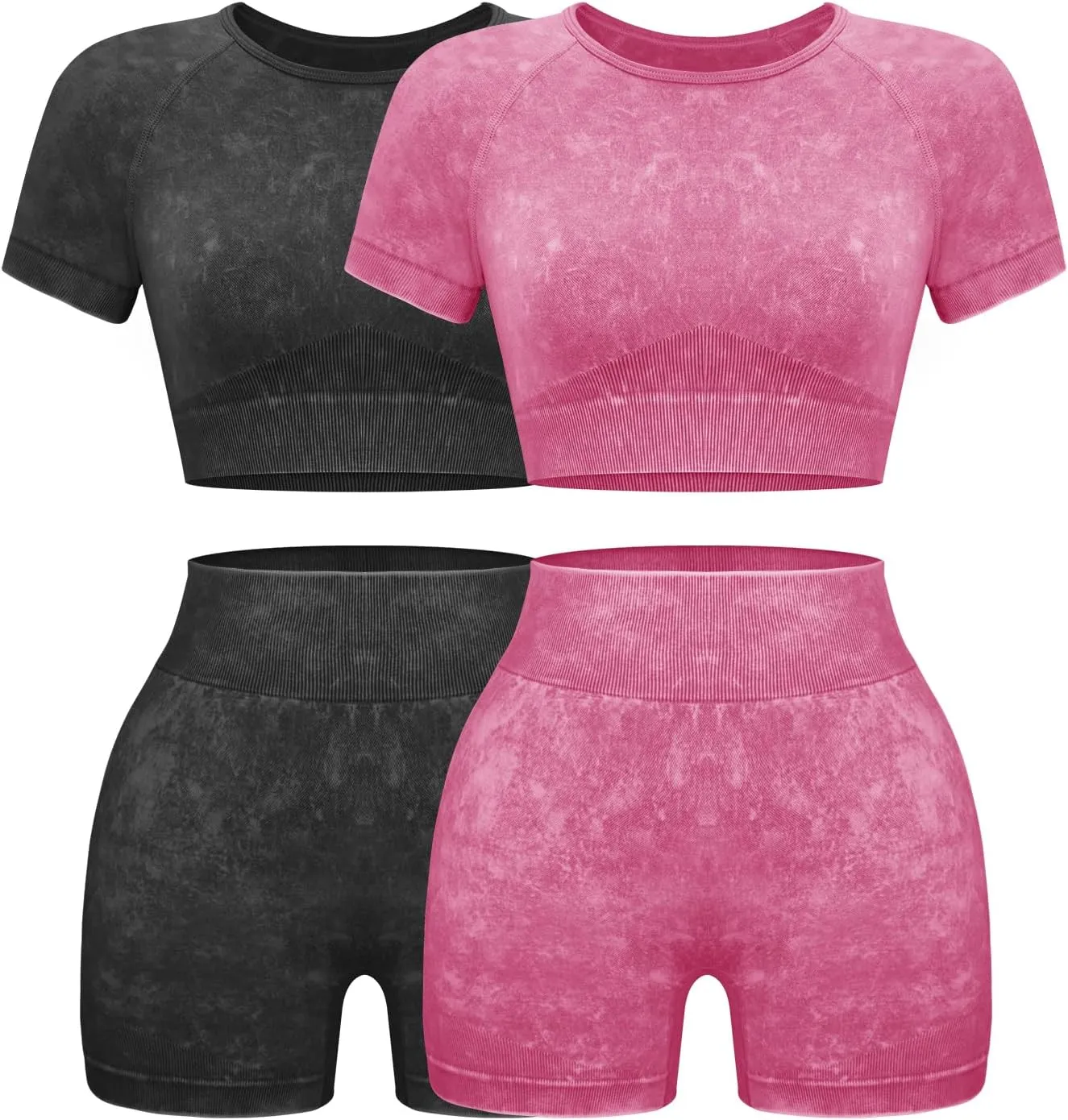 OLCHEE Womens Workout Sets 2 Piece - Seamless Acid Wash Yoga Outfits Shorts and Crop Top Matching Gym Athletic Clothing Set
