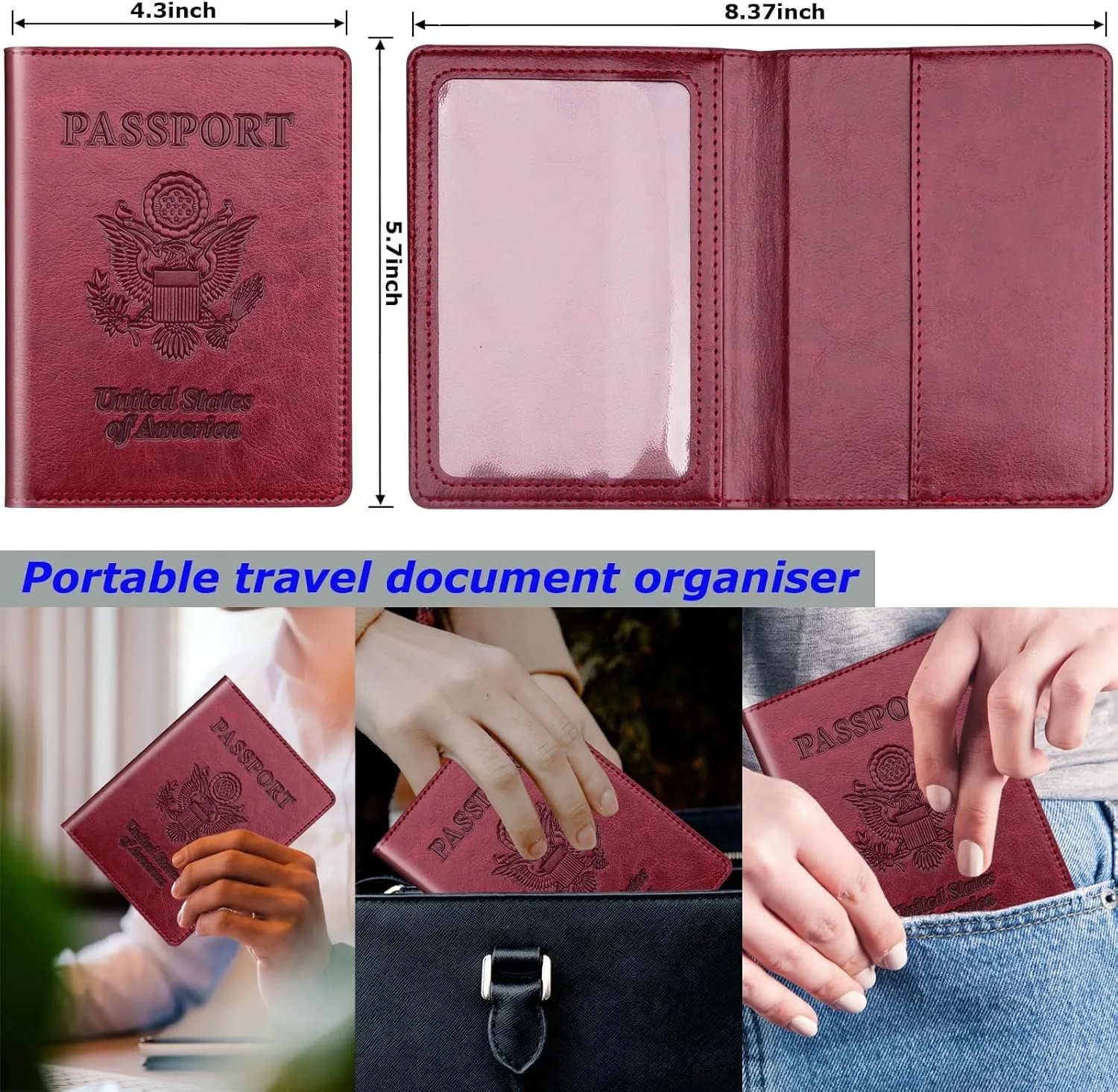Passport Holder 2Pcs, Passport Cover Wallet Case for Women Men Family, Passport Book Holders Travel Must Haves Cruise Ship Essentials (Dark Blue & Wine red)