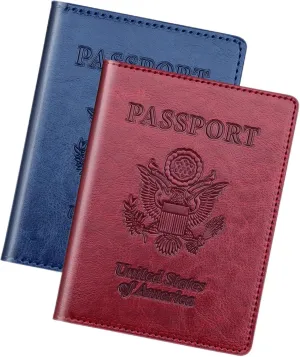 Passport Holder 2Pcs, Passport Cover Wallet Case for Women Men Family, Passport Book Holders Travel Must Haves Cruise Ship Essentials (Dark Blue & Wine red)