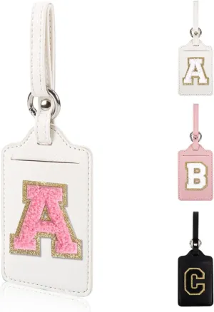 Personalized Initial Luggage Tags for Suitcases, Leather Chenille Letter Cute Luggage Tags with Privacy Name Card, Embroidered Travel Bag Backpack Tags Gifts for Women Kids Girls Teens(White-A)