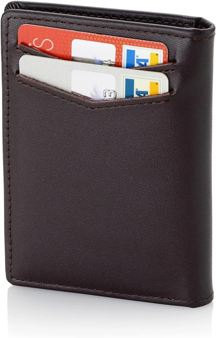 Stealth Mode Men's Slim Front Pocket Wallet - RFID Blocking, Thin Minimalist Bifold Design, Genuine Leather - ID Window and 5 Sleeves for Money, Credit and Debit Cards, Driver's License (Dark Brown)