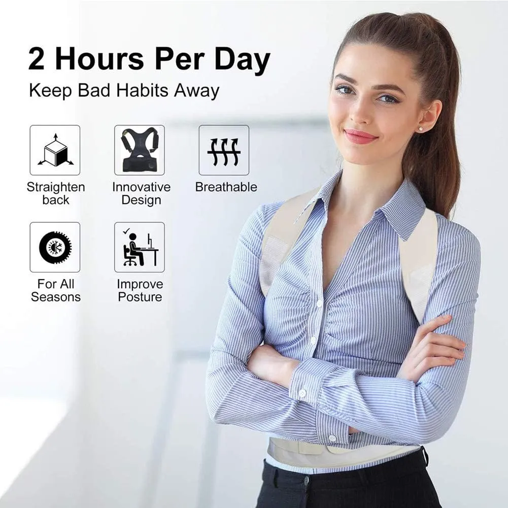 Thoracic Back Brace Posture Corrector - Magnetic Support for Neck Shoulder Upper and Lower Back Pain Relief - Perfect Posture Brace for Cervical Lumbar Spine - Fully Adjustable Belt (Beige, Small)
