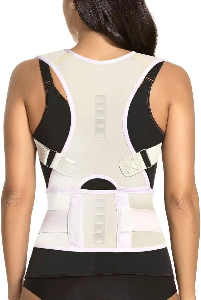 Thoracic Back Brace Posture Corrector - Magnetic Support for Neck Shoulder Upper and Lower Back Pain Relief - Perfect Posture Brace for Cervical Lumbar Spine - Fully Adjustable Belt (Beige, Small)