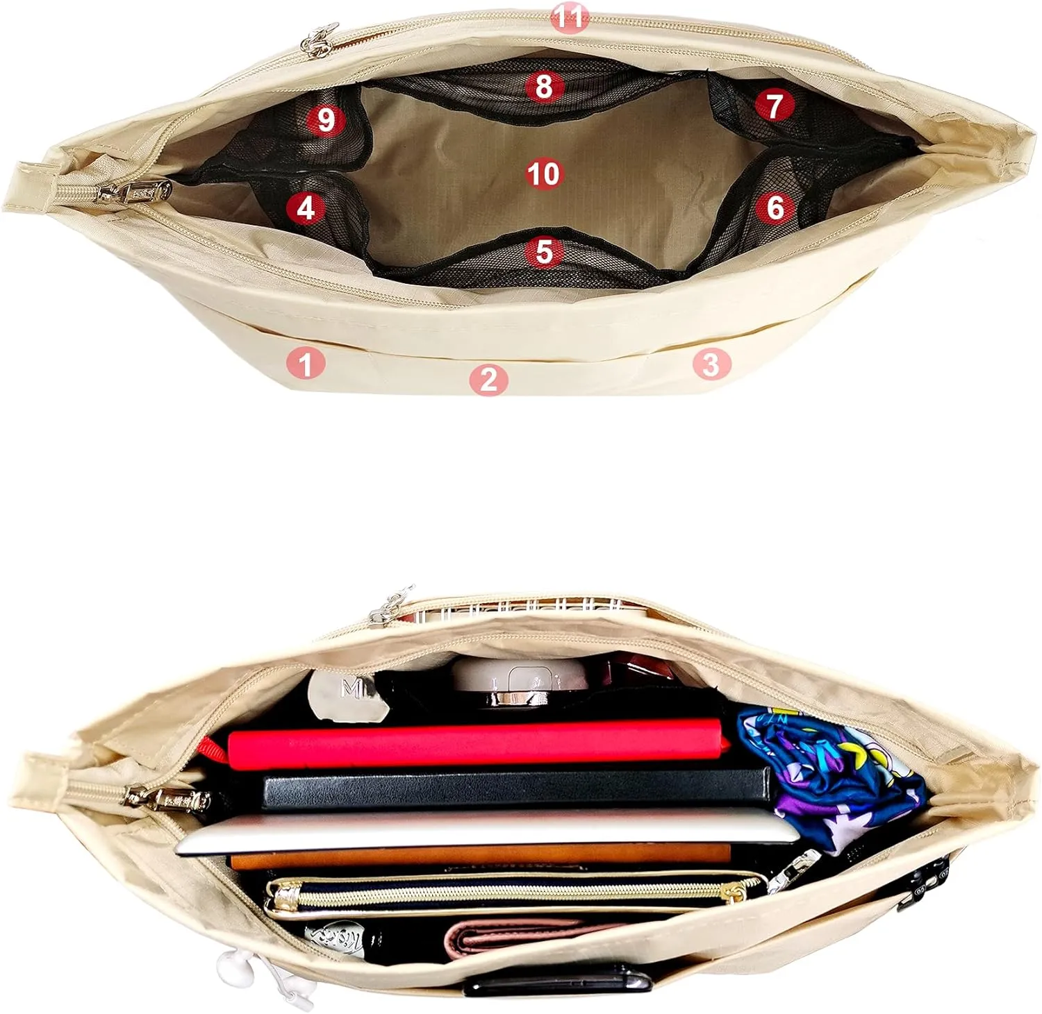 Time Wing Handbag Tote Purse Organizer Insert Bag Liner Shaper Divider Zipper 11 Pockets Compartments X Large Beige