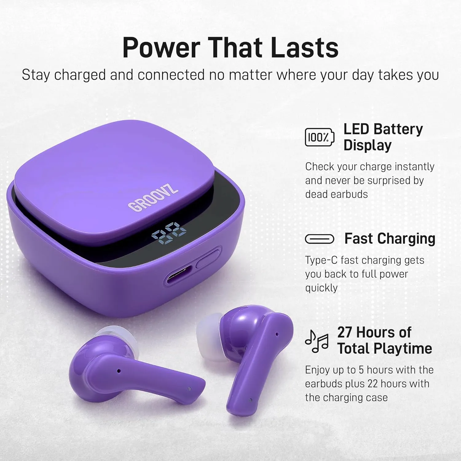 True Wireless Earbuds with Charging Case - Designed and Engineered in The USA - IPx4 Water Resistant Bluetooth Earbuds Compatible with Apple & Android - 27Hr Battery Life - Deep Purple