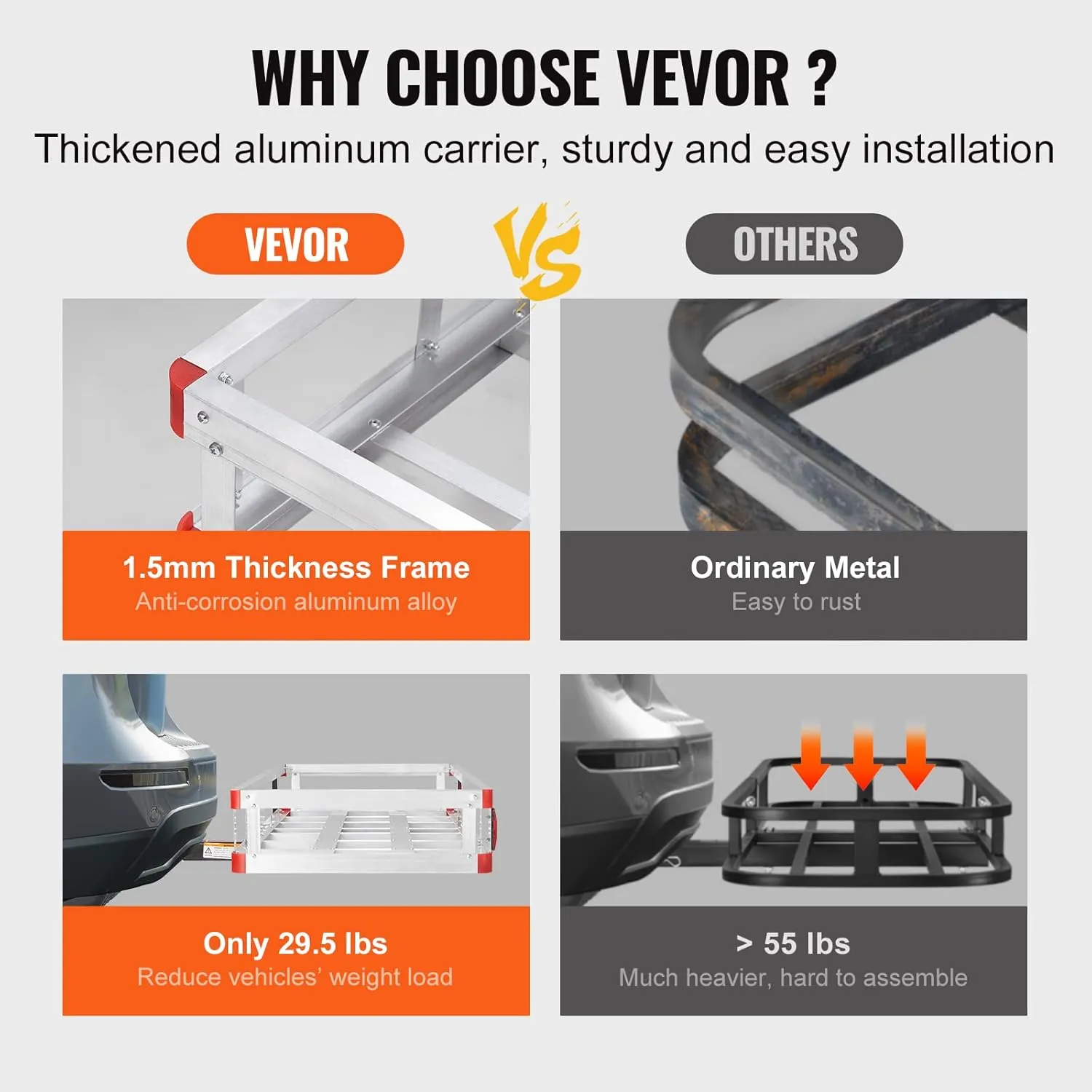 VEVOR 49.4 x 22.4 x 7.1 in Hitch Cargo Carrier, 500lb Capacity Trailer Hitch Mount Aluminum Cargo Basket, Luggage Carrier Rack Fits 2" Hitch Receiver for SUV Truck Pickup Camping