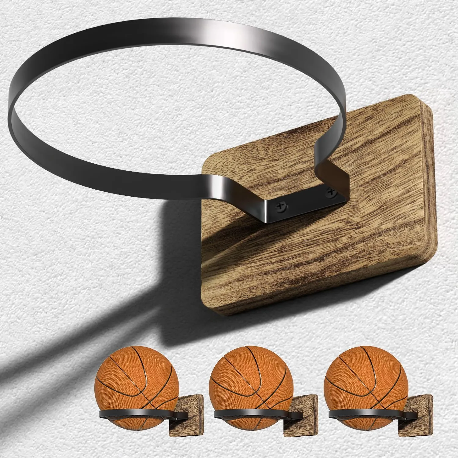 Wall Mount Basketball Holder with Wooden Base, Ball Storage Holders Display Rack for Autograph Basketball, Football, Soccer, Volleyball Collection, Sports Accessories Organizer for Player Fans