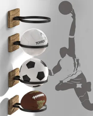Wall Mount Basketball Holder with Wooden Base, Ball Storage Holders Display Rack for Autograph Basketball, Football, Soccer, Volleyball Collection, Sports Accessories Organizer for Player Fans