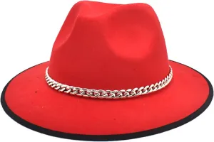 Wide Brim Fedora Cap for Women Men Solid Color Dress Hat Panama Hat with Belt Chain