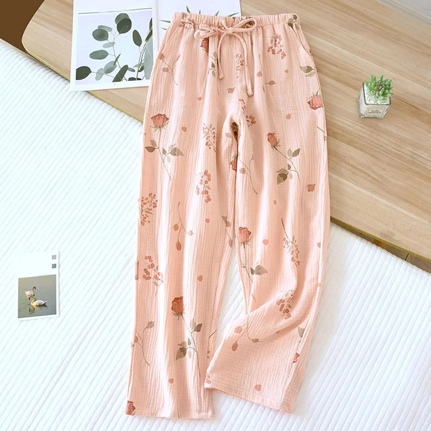 Women's Pajamas Pants Fashion Floral Cotton Lightweight Wide Leg Pants Summer Loose Lounge Home PJ's Trouser
