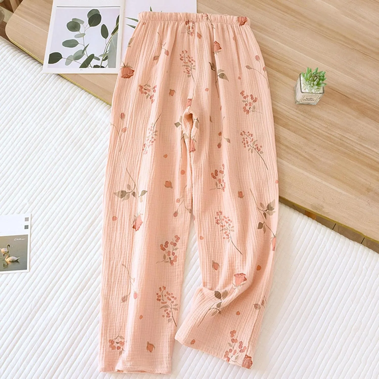 Women's Pajamas Pants Fashion Floral Cotton Lightweight Wide Leg Pants Summer Loose Lounge Home PJ's Trouser