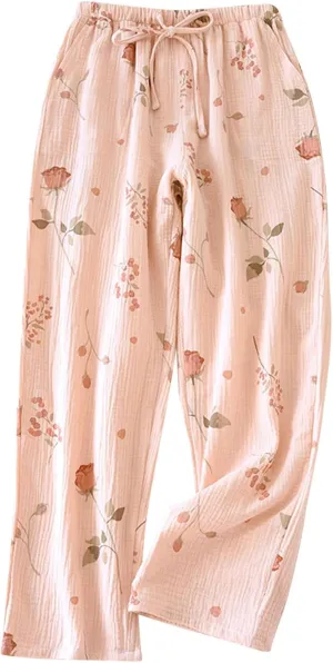 Women's Pajamas Pants Fashion Floral Cotton Lightweight Wide Leg Pants Summer Loose Lounge Home PJ's Trouser